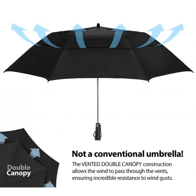 사용자 정의 로고 인쇄 Foldable 자동 열기 58 인치 이중 캐노피 강력한 Windproof 2 Folds Golf Umbrella