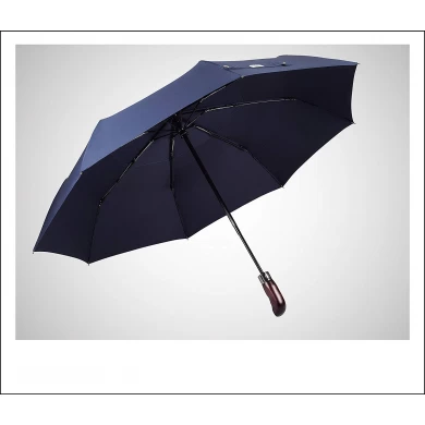 Custom fully automatic wooden handle 3 fold double canopy umbrella with logo print