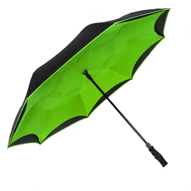 Maßgeschneiderte Farbe Double Canopy invertiert Regenschirm Reverse Auto Regenschirm mit langen, einfachen Griff