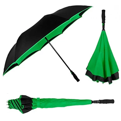 Customized color double canopy inverted umbrella reverse car umbrella with long easy gripped handle