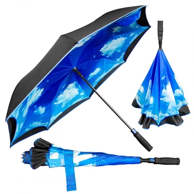 Customized logo printing inside double layers fabric reverse car umbrella with straight handle