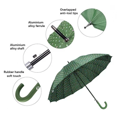 Usine poignée J grand polka Dot 16 nervures à séchage rapide automatique ouvert coupe-vent imperméable bâton parapluies