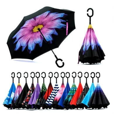 Fabrieksparaplu op voorraad 23 '' * 8K handmatig open dubbele laag omgekeerde paraplu met C-handvat