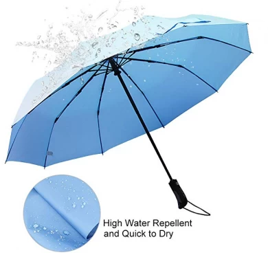Fabriek groothandel hete verkoop helderblauw winddicht volledig automatisch open 3 opvouwbare regenparaplu