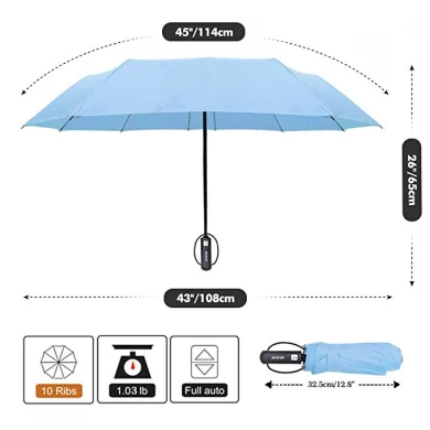 공장 도매 뜨거운 판매 밝은 파란색 방풍 전체 자동 오픈 3 접는 비 우산