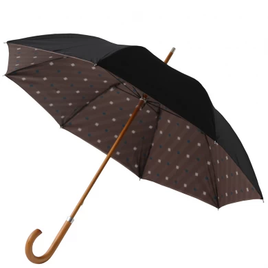 Goede kwaliteit Dubbellaags houten schacht Black Metal Ribs houten gebogen handvat paraplu