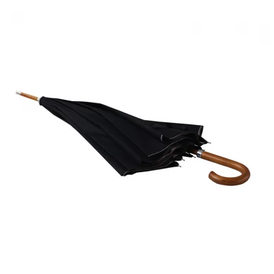 Good Quality Double Layers Wooden Shaft Black Metal Ribs Wooden Curved Handle Umbrella