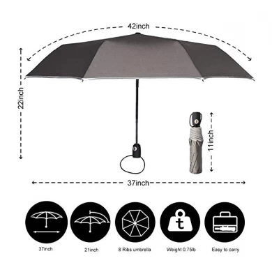 Gute Qualität OEM Windproof Travel Umbrella Auto Öffnen und Schließen 3 Taschenschirm mit reflektierenden Riemen
