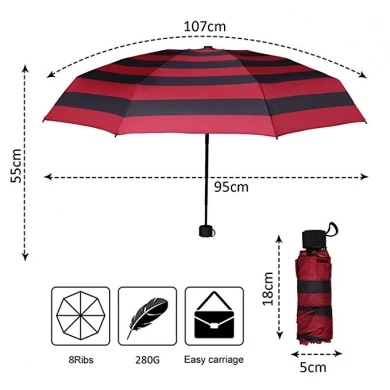 优质手动红色和黑色条纹3折叠雨伞便携式口袋