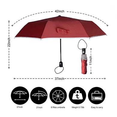 Paraguas plegable a prueba de viento de alta calidad 95 cm 8 nervaduras marco de fibra de vidrio 3 paraguas plegable con correa reflectante