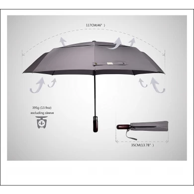 High Quality Auto Open Close Fiberglass Ribs Wooden Handle Double Vented Folding umbrella