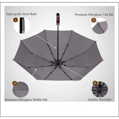 高品質オートオープンクローズグラスファイバーリブ木製ハンドルダブルベント折りたたみ傘