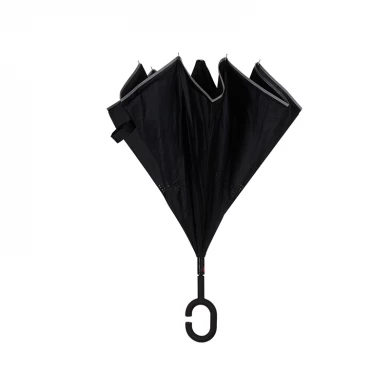 Parapluie noir inversé inversé noir de haute qualité avec coupe-vent à double couche avec bordure réfléchissante