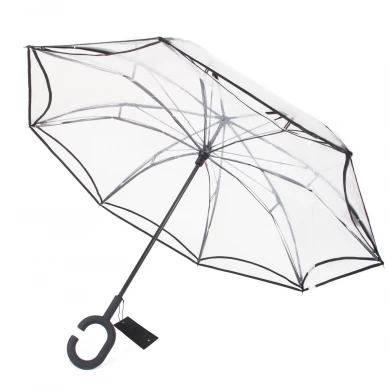 Paraguas reversible al aire libre del POE de la lluvia de los coches invertidos de la capa doble de alta calidad con la manija en forma de C
