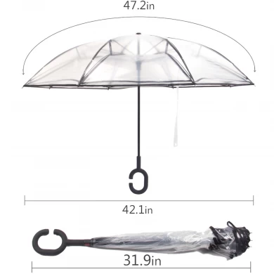 جودة عالية طبقة مزدوجة مقلوب سيارات المطر في الهواء الطلق POE عكس مظلة مع مقبض على شكل C