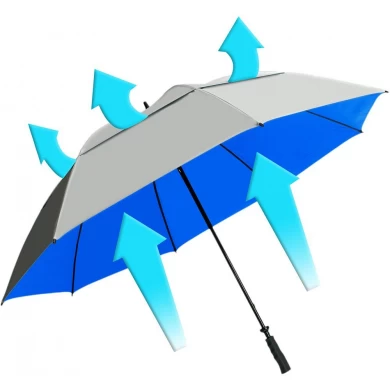 뜨거운 판매 46 "UV 보호 통풍 된 캐노피 2 폴드 골프 우산 자동 열기 텔레스코픽 유리 섬유 샤프트