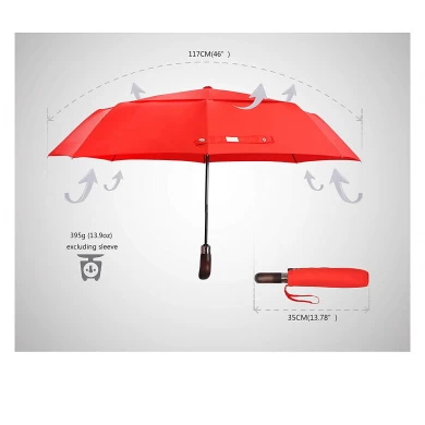 뜨거운 판매 접이식 우산 나무 핸들 자동 개폐 3 배 우산 조각 로고