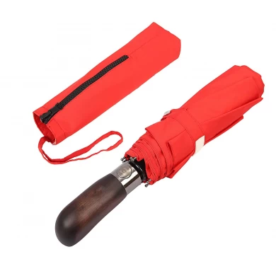 Het hete verkopen opvouwbare paraplu houten handvat automatisch openen en sluiten 3-voudige paraplu met carving logo