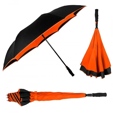Hot sales automatic open reverse umbrella 2 layers fabric windproof reversed umbrella for car
