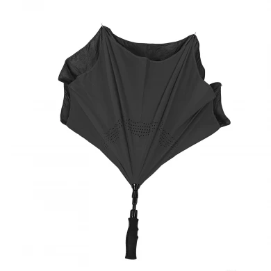 Hot sales reverse umbrella upside down windproof double layers fabric inverted umbrella with long handle