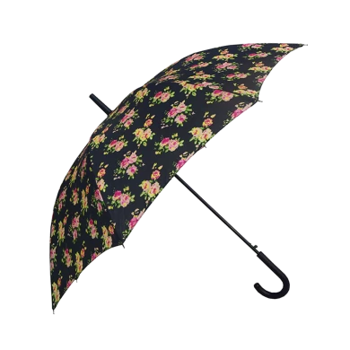 Hotsale-Druck-Blumen-Stock-Dame Black Coating Frame Promotion Umbrella