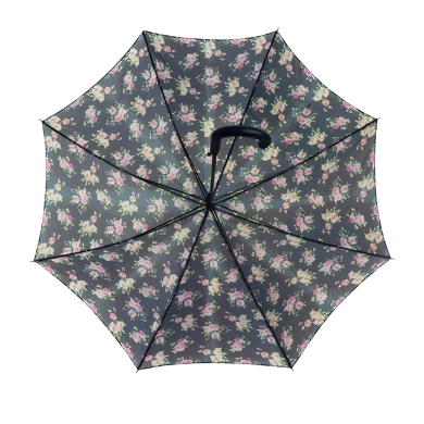 Hotsale-Druck-Blumen-Stock-Dame Black Coating Frame Promotion Umbrella