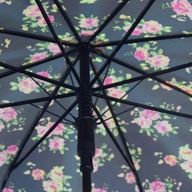 Hotsale طباعة زهرة عصا سيدة سوداء طلاء الإطار تعزيز مظلة