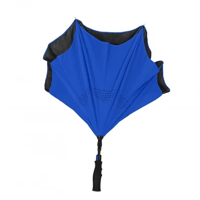 Most popular reverse umbrella rubber coated long handle upside down umbrella with shoulder bag