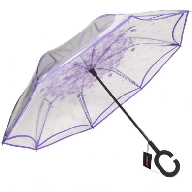 New Design Double Layer Clear Reverse Straight Umbrella with  Crook  Handle