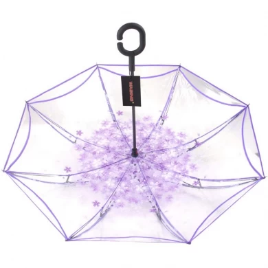 Nuevo diseño de doble capa transparente reversa paraguas recto con mango Crook