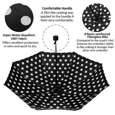 Popularny damski parasol składany z 3 kieszeniami w kształcie czarnej kropki