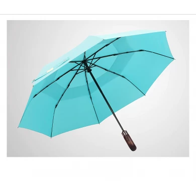 Premium Auto Open and Close Vented Windproof Double Canopy Travel Umbrella wth Real Wood Handle