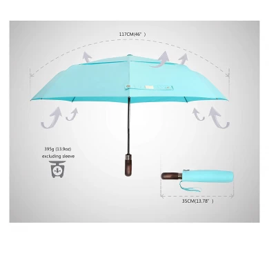 Premium Auto Open and Close Vented Windproof Double Canopy Travel Umbrella wth Real Wood Handle