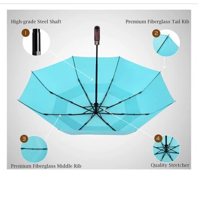 Paraguas de viaje de doble techo a prueba de viento con apertura y cierre automáticos premium con mango de madera real