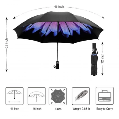 Impresión personalizada promocional dentro del reverso 3 plegable portátil automático abrir y cerrar paraguas