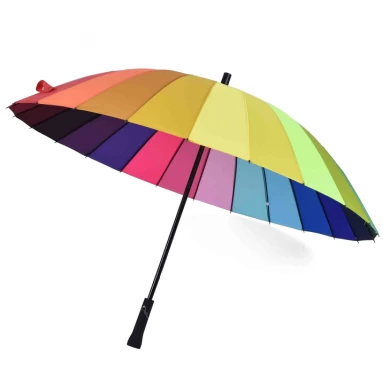 Regenboog kleurrijke rechte regenbestendige golfparaplu van hoge kwaliteit