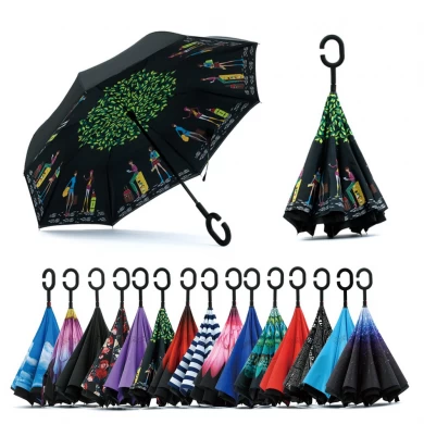 Gotowa hurtownia parasol wiatroodporna dwuwarstwowa nadrukowane logo promocyjne niestandardowe odwrócone parasol odwrócony W.