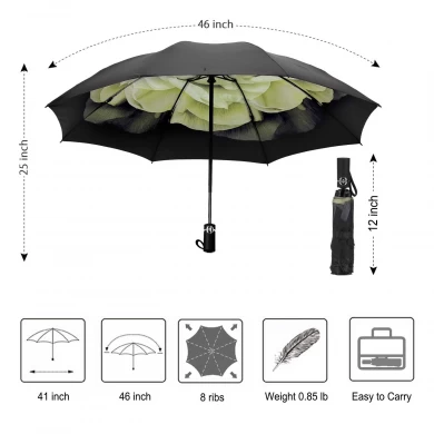 Shaoxing Factory Custom Print Inside Reverse 3 Folding Portable Auto Open en Close Umbrella