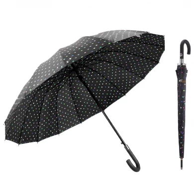 Hochwertiger großer Tupfen-Druck 16 Rippen Schnelltrocknende automatische offene winddichte wasserdichte Stock-Regenschirme mit J-Griff