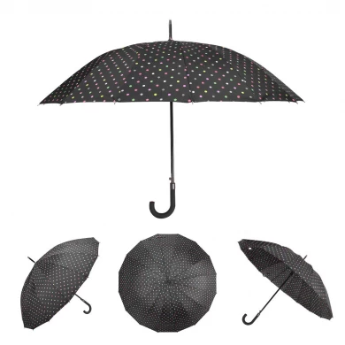 최고 품질의 대형 폴카 도트 인쇄 16 리브 빠른 건조 자동 개방 방풍 방수 스틱 우산 (J 손잡이 포함)