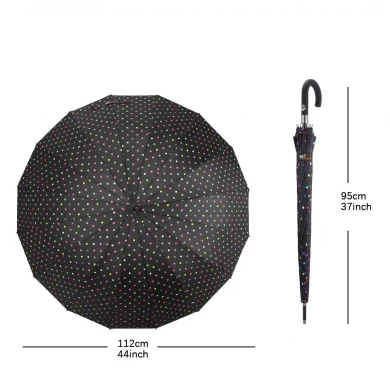 최고 품질의 대형 폴카 도트 인쇄 16 리브 빠른 건조 자동 개방 방풍 방수 스틱 우산 (J 손잡이 포함)