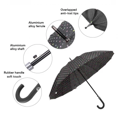 Hochwertiger großer Tupfen-Druck 16 Rippen Schnelltrocknende automatische offene winddichte wasserdichte Stock-Regenschirme mit J-Griff