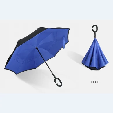 도매 더블 레이어 Windproof 더블 레이어 C 핸들 자동차 역방향 우산을 거꾸로