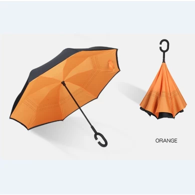 Venta al por mayor capas dobles a prueba de viento doble capas C Manija coche invertido paraguas inversa