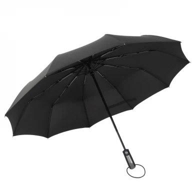 Venta al por mayor de una sola capa Pure Black 3 Plegable 10Rib a prueba de viento Hombres de negocios estilo promocional paraguas plegable