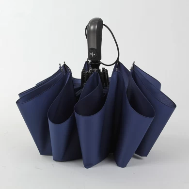 Venta al por mayor de una sola capa Pure Black 3 Plegable 10Rib a prueba de viento Hombres de negocios estilo promocional paraguas plegable
