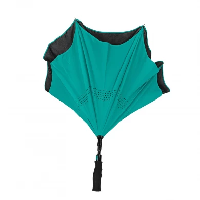 Wholesale double canopy inverted umbrella reverse car umbrella with long easy gripped handle