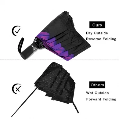 Vente en gros tête en bas à l'épreuve du vent Imprimer À l'intérieur automatique 3 pliage inversé parapluie inversé avec revêtement UV noir