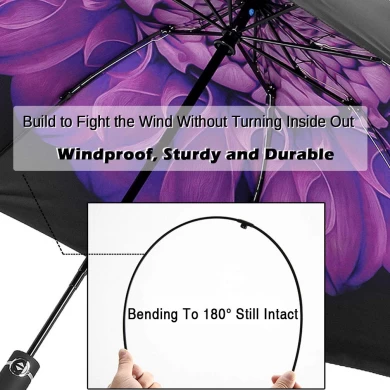 Venta al por mayor al revés a prueba de viento Print Inside 3 paraguas invertido invertido plegable automático con recubrimiento UV negro