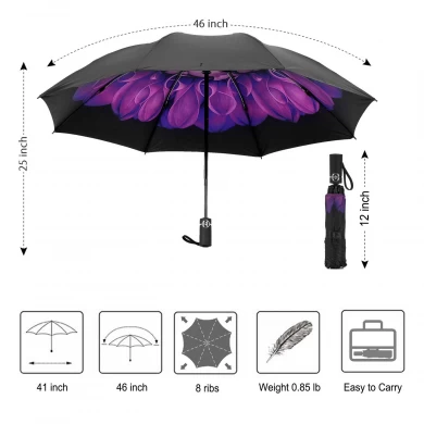 Wholesale upside down windproof Print Inside automatic 3 folding inverted reverse umbrella with Black UV Coating
